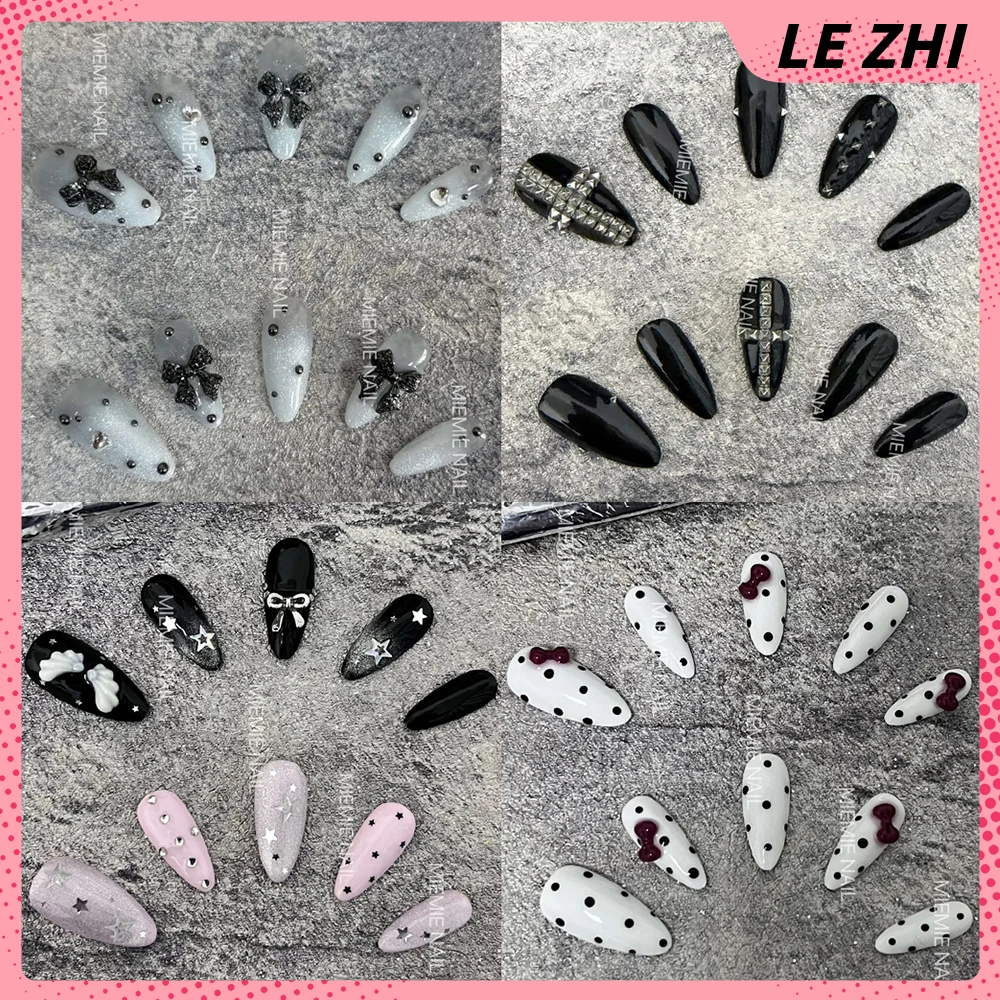 

10Pcs Y2K Shining Star Diamond Handmade Almond Press On Nails Polka Point Bowknot Wings Pearl Rivets Wearable False Nails