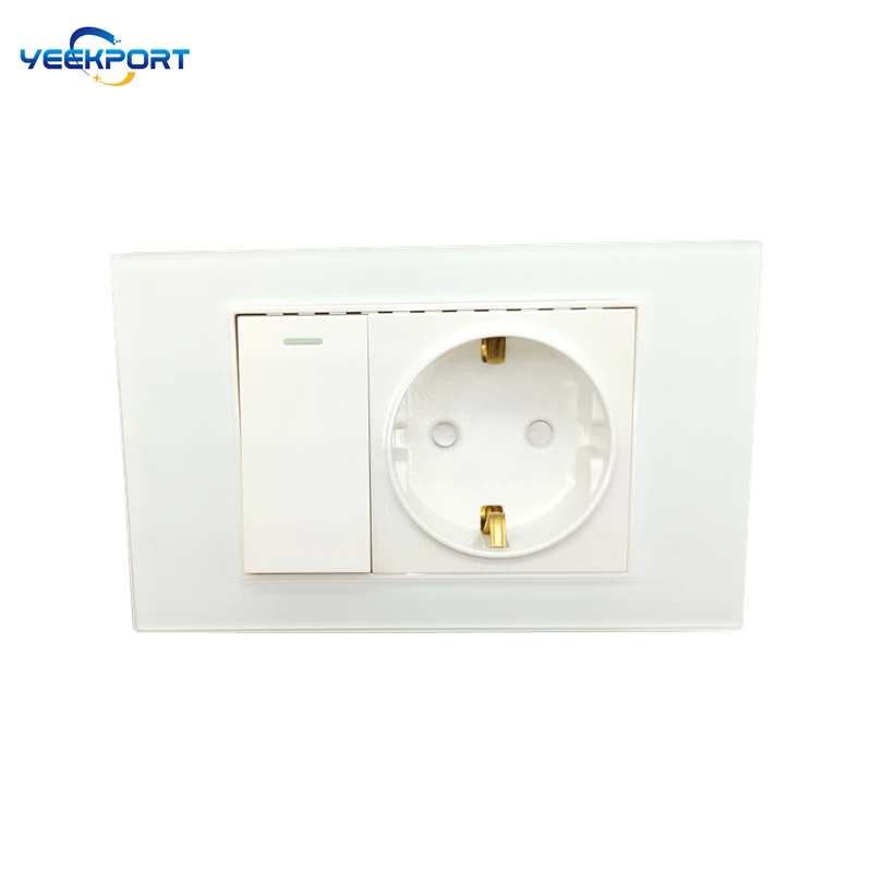 118mm EU Household German Standard  White Tempered Glass Panel 16A 2-hole Power Plug Wall Socket with Switch Combination