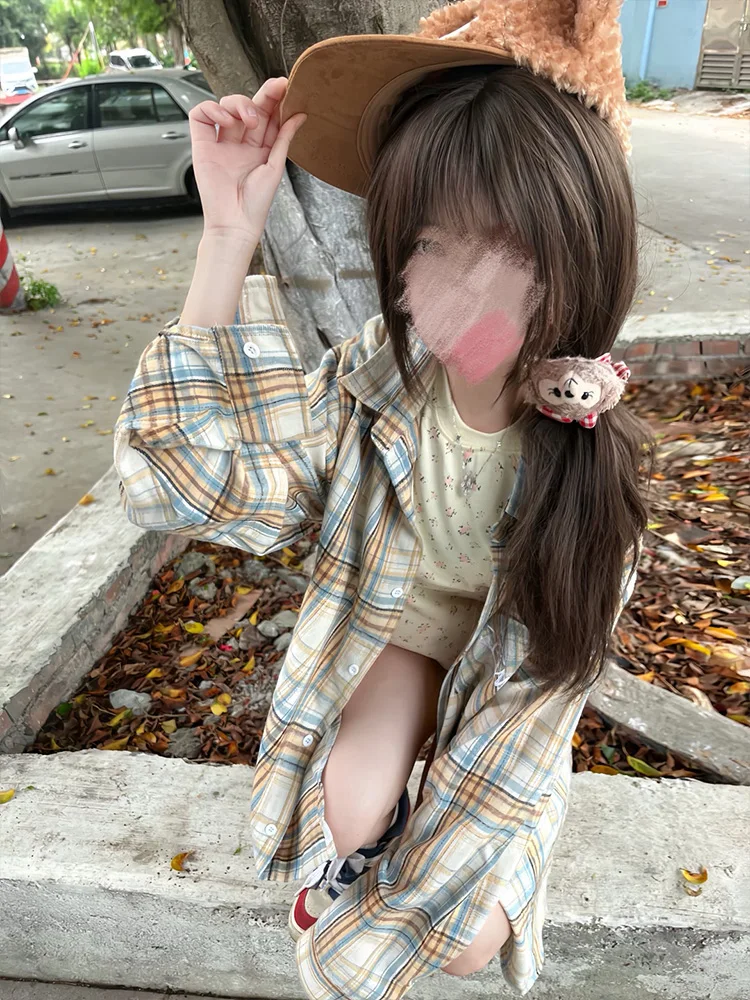 

American Retro Letter Plaid irt Women Summer Thin Outerwear High Street Trend Design Unique Top irt Loose Fit Long Sve