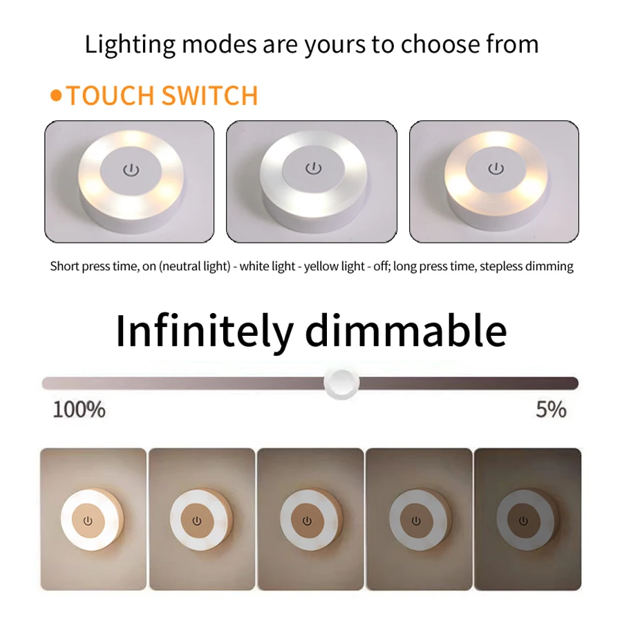 USB Rechargeable LED Night Light with Touch Switch for Living Room Bedroom Decor Kitchen Cabinet Wardrobe Lamp 3 Colors Dimmable