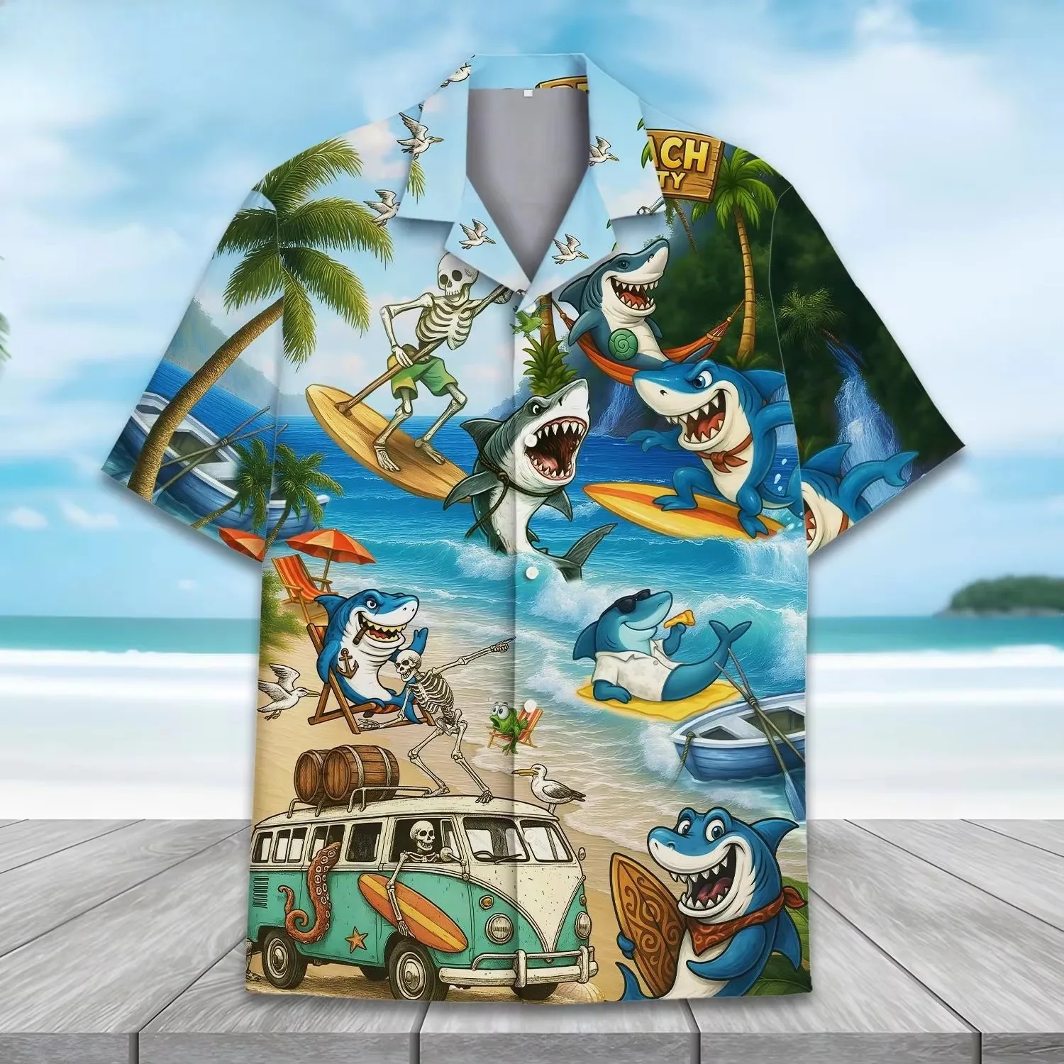 Summer Shark Hawaiian Shirt Men and Women Summer Beach Shirt Shark Short Sleeve Button Shirt Tropical Beach Party Top