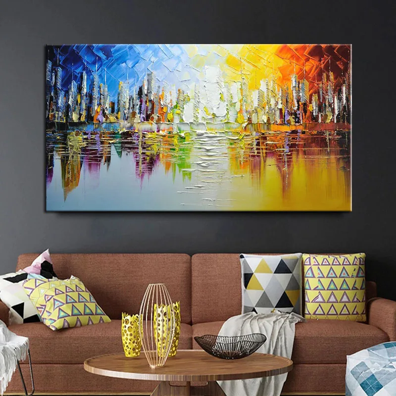 

High Quality Modern Handmade Knife Art Oil Painting Colorful Urban Architecture Abstract Artwork On Canvas Wall Pictures Decor