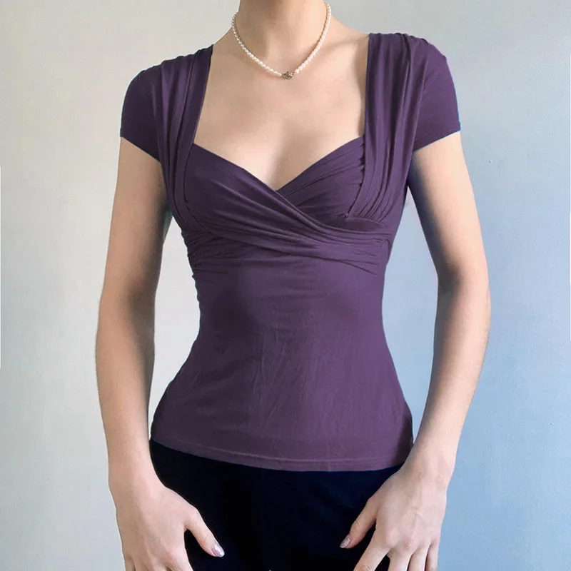 

Womens French Mature Style Cross V-neck T-shirt-Short Sleeve Ruched Slim Fit Waist Cinched Top,Summer Trendy Casual Daily Blouse