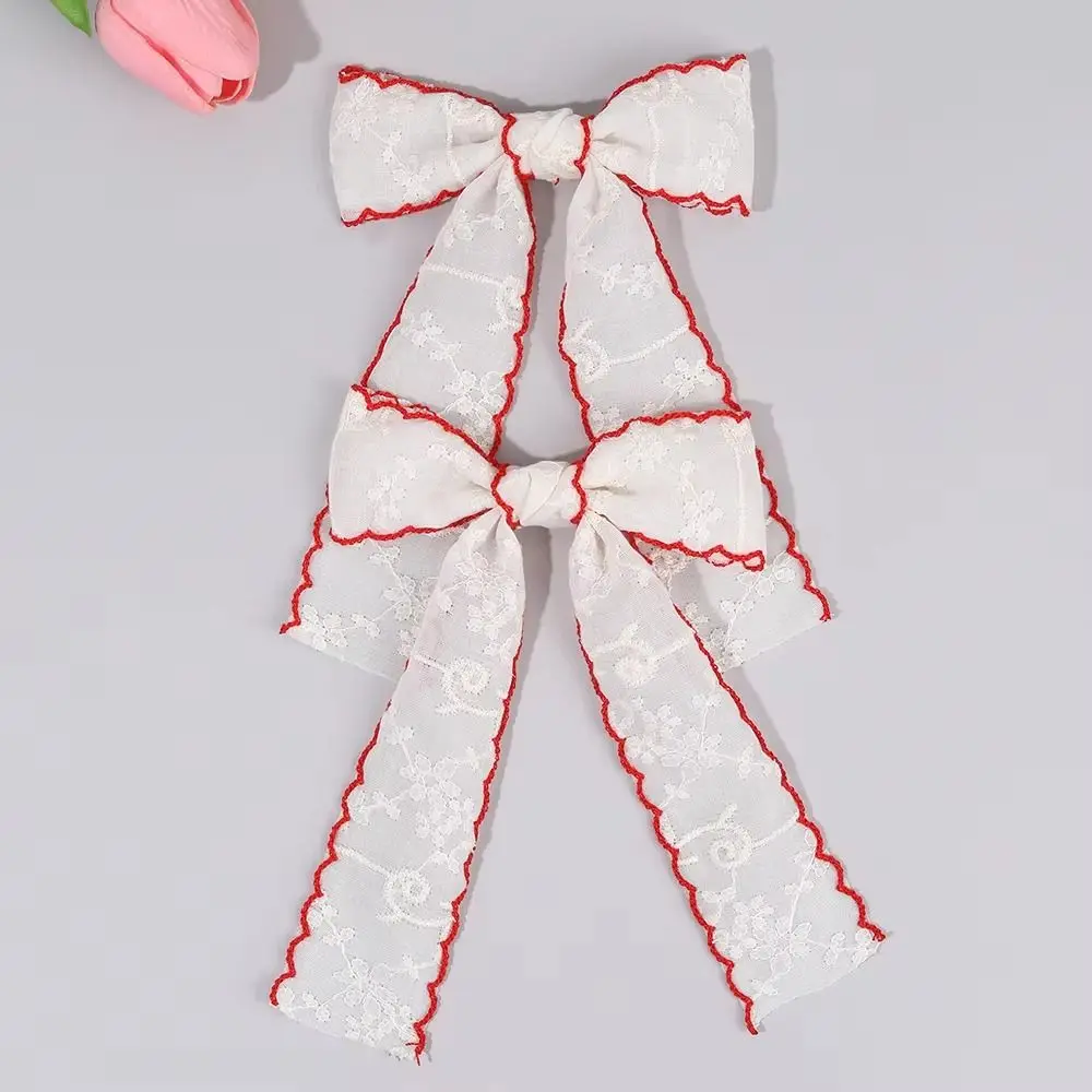 Lace-trimmed Bow Hair Clips Handmade Floral Embroidery Versatile Lace Hair Clip Simple Long Tail Girl's Bow Hair Accessory