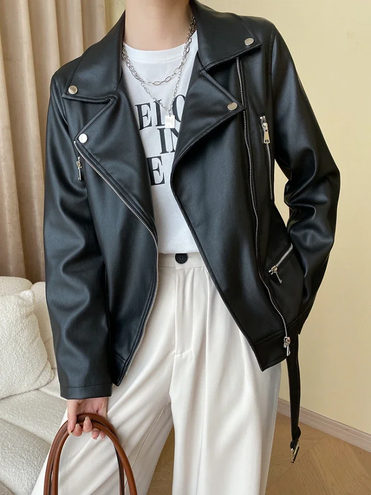 Veste de moto en cuir PU pour femme avec ceinture, manteau monochrome décontracté, streetwear tendance simple, printemps et automne 2024