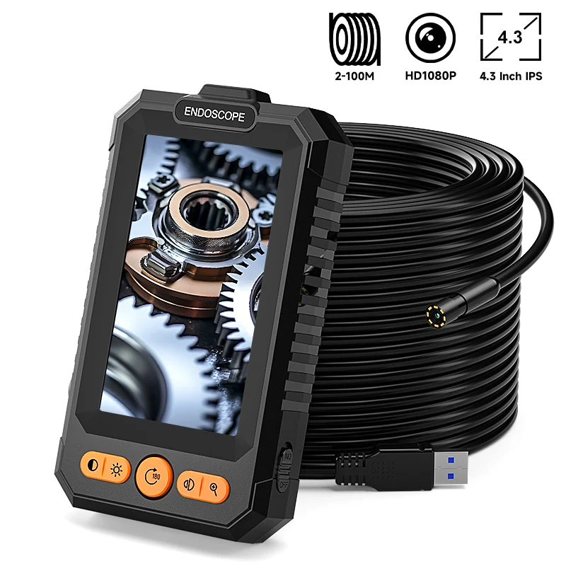 2-100m Industrial Borescope 8mm 1080P Camera 4.3'' IPS Detachable Design IP67 Endoscope Inspection Camera for Piping Engine