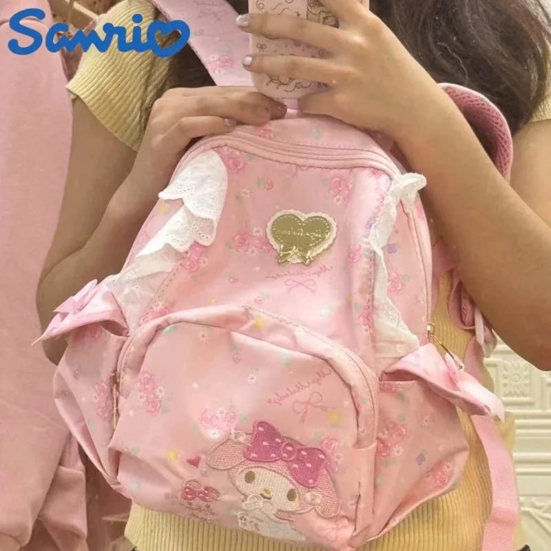 My Melody Sanrio Sweet And Cute Girl Heart Backpack Y2k Cartoon Schoolbags Fragmented Flower Zipper Backpack Girls Gifts