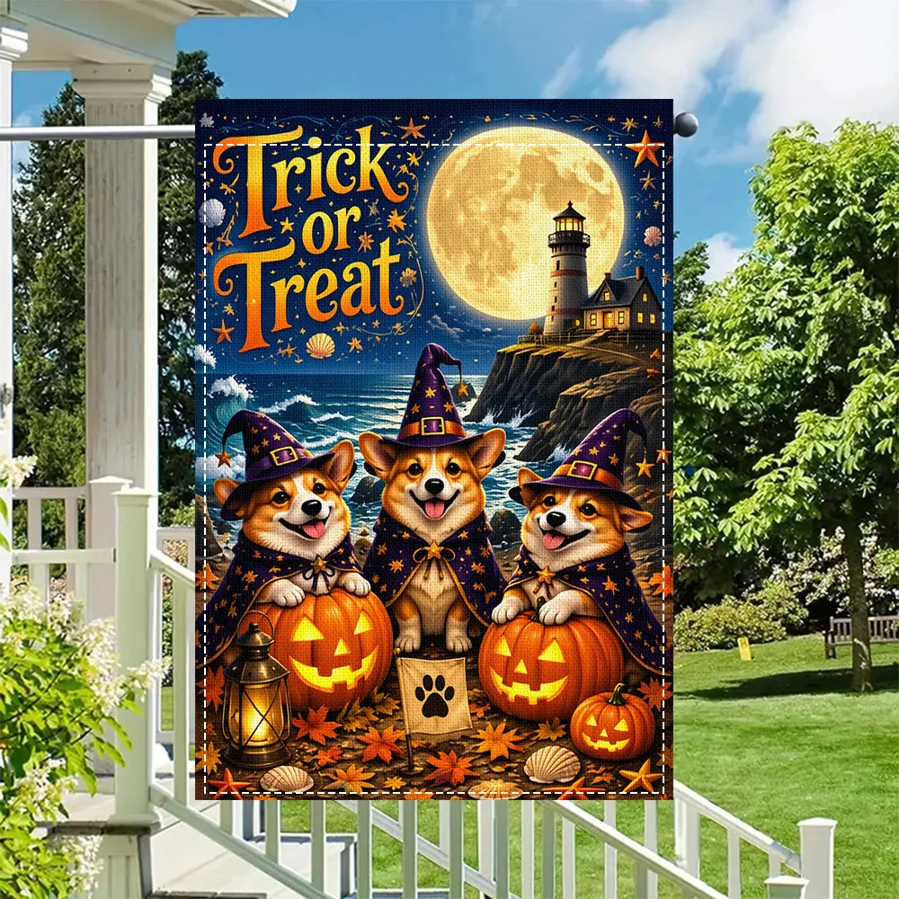 1pc Halloween Trick or Treat Corgi Garden Flag, reversible print, perfect for patio and outdoor holiday decorations (pole not in