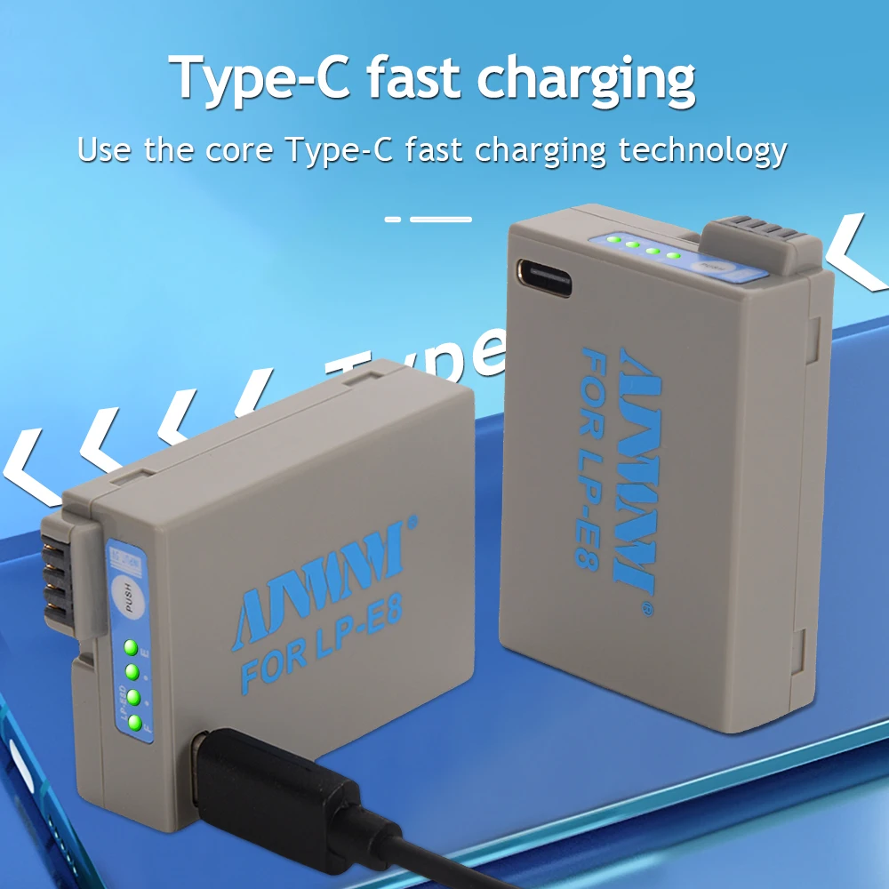 بطارية كاميرا AJNWNM ، شحن من النوع C ، مدمجة لكانون EOS ، 550D ، 600D ، 650D ، 700D ، X4 ، X5 ، X6i ، X7i ، T2i ، T3i ، ، LP E8 ، LPE8