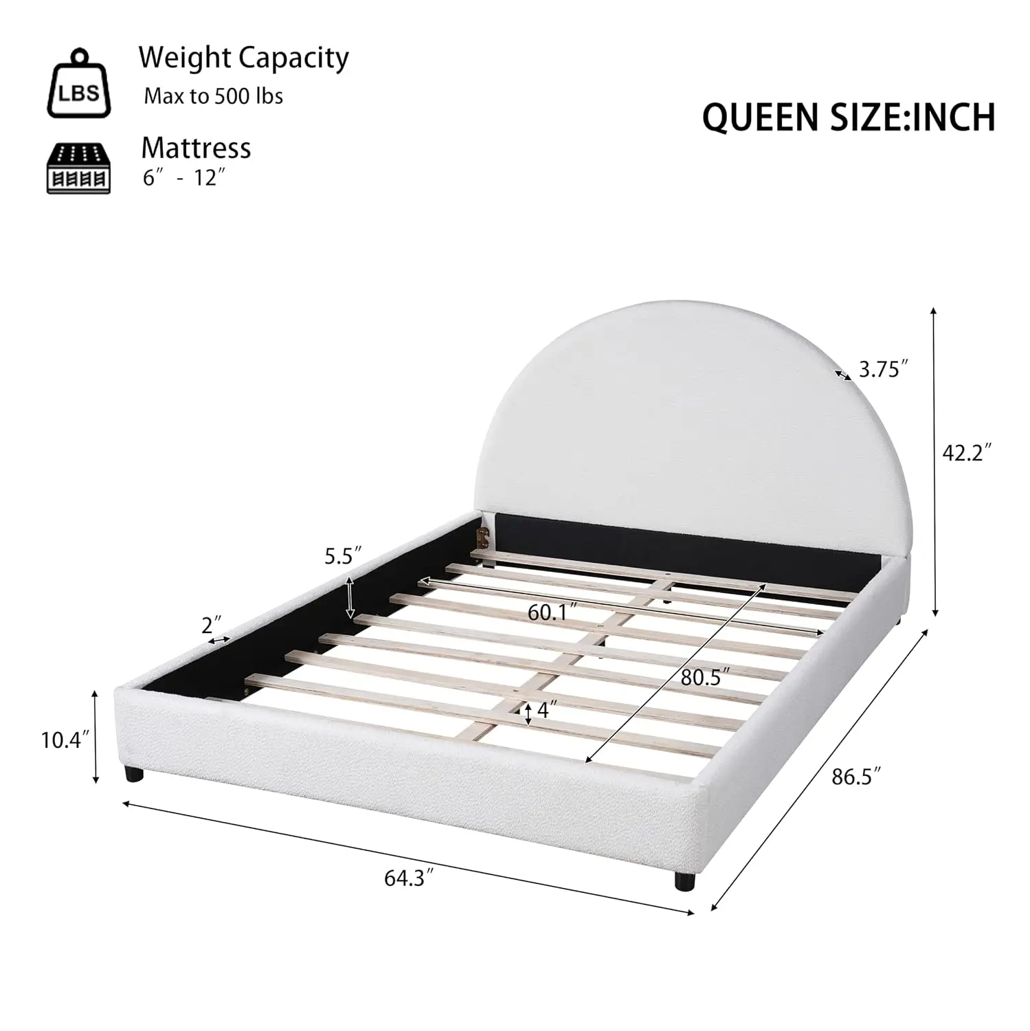 Queen Size Upholstered Platform Bed Frame Boucle Fabric Bedroom Furniture, Customized - view 2