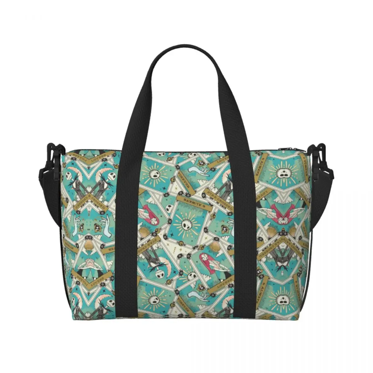 

Custom Halloween Horror Vintage Skull Jack Sally In Love Pattern Groceries Tote Shopping Bags Big Capacity Beach Gym Travel Bags