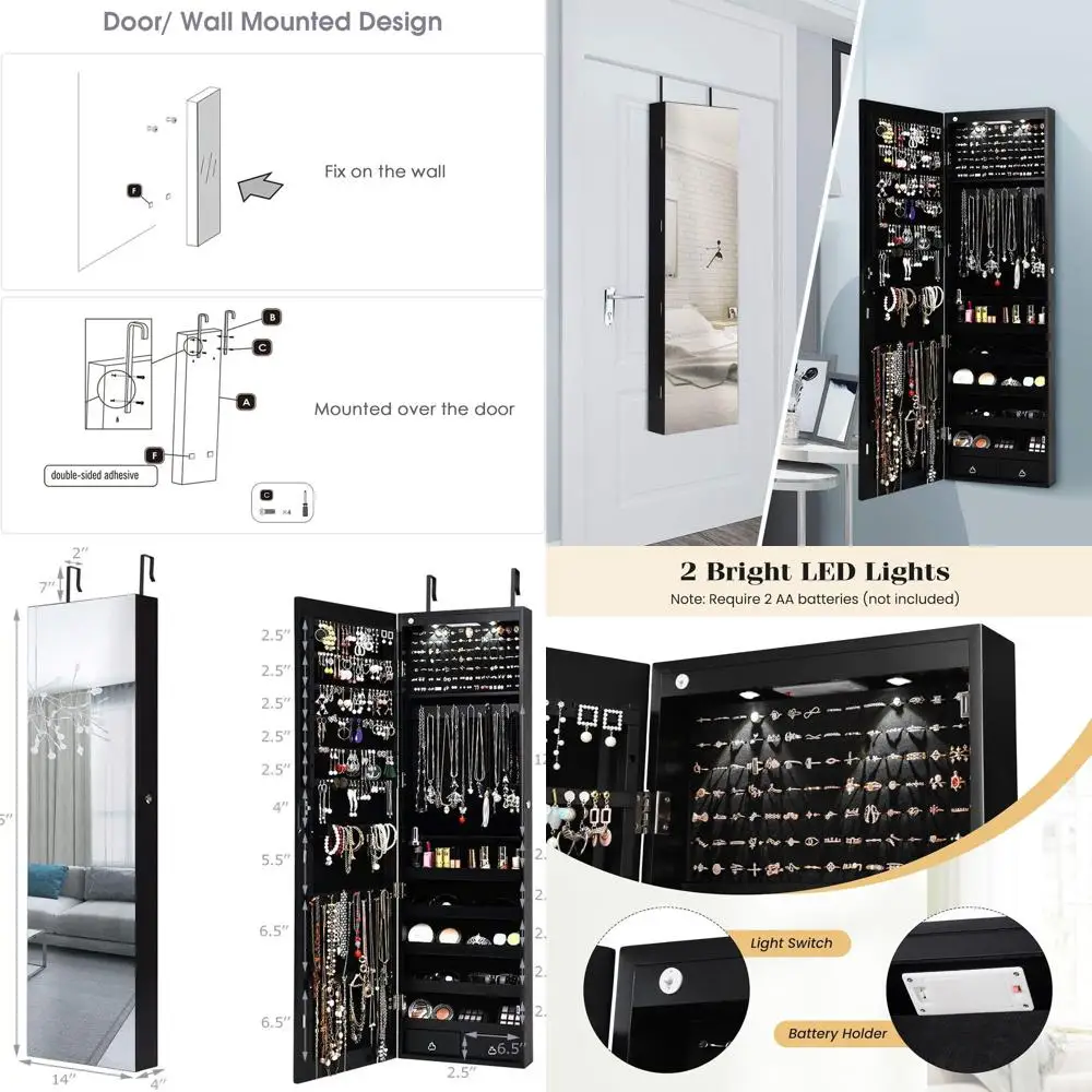 

Черный настенный шкаф для ювелирных изделий с зеркалом в полный рост, светодиодной подсветкой, запираемым хранилищем и двумя ящиками