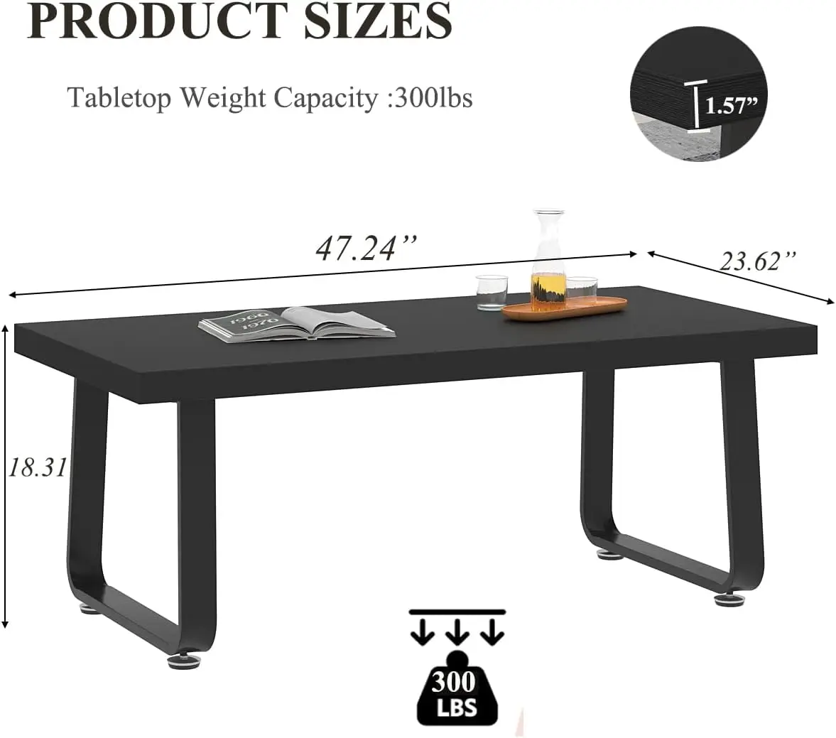 HSH Black Coffee Table, Industrial Wood and Metal Legs Center Table, Modern Minimalist Rectangle Cocktail Table for Living Room