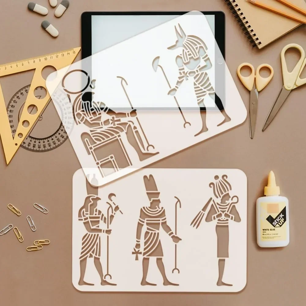 2 PCS 2 Styles Egyptian Pharaoh Painting Stencil 8.3x11.7inch Egyptian Character Drawing Stencil Decorative Egyptian Theme image 3