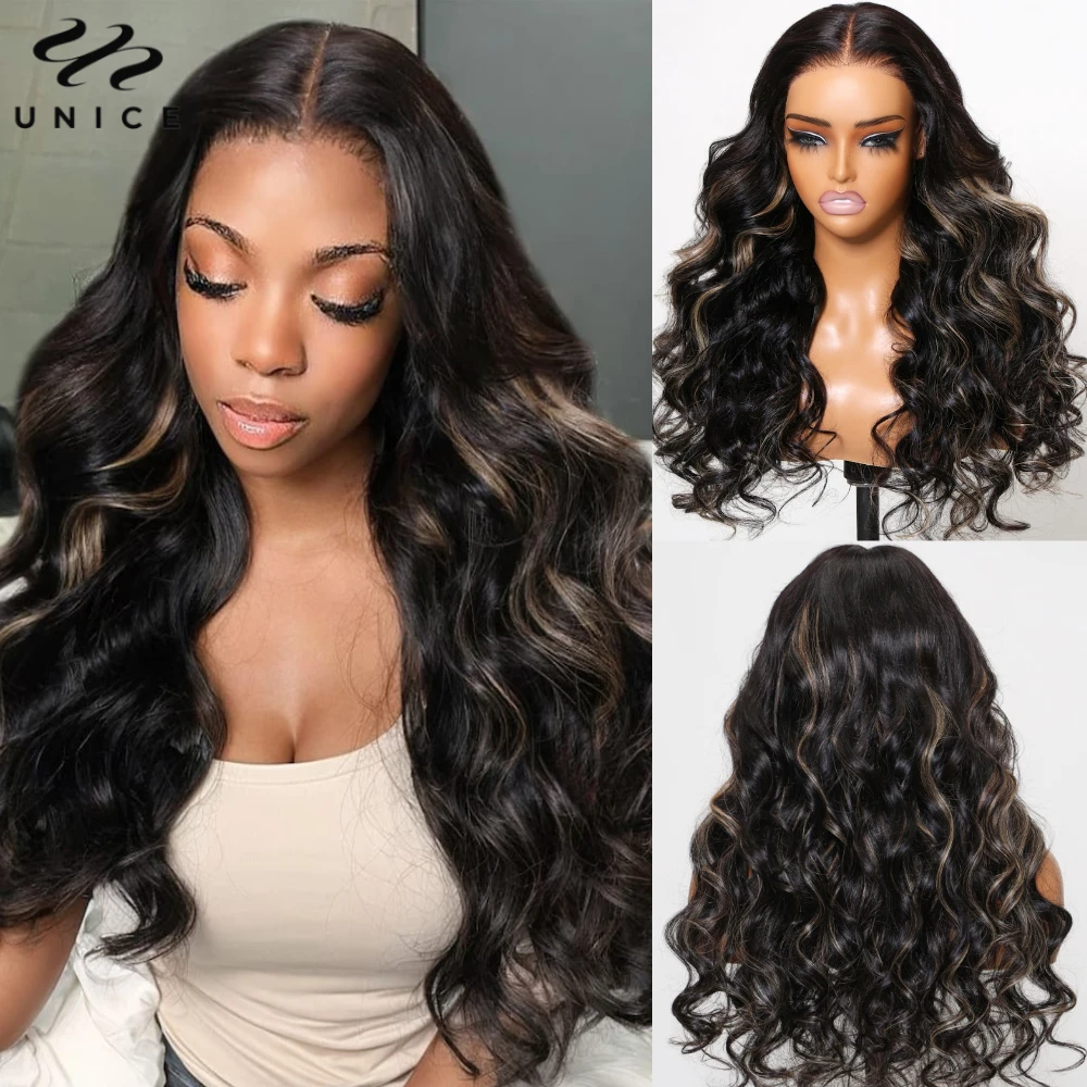 UNice Black With Blonde Highlights Body Wave 13X4 Lace Front Wig Pre Cut Pre Bleached Pre Plucked Human Hair Wig Ready To Wear