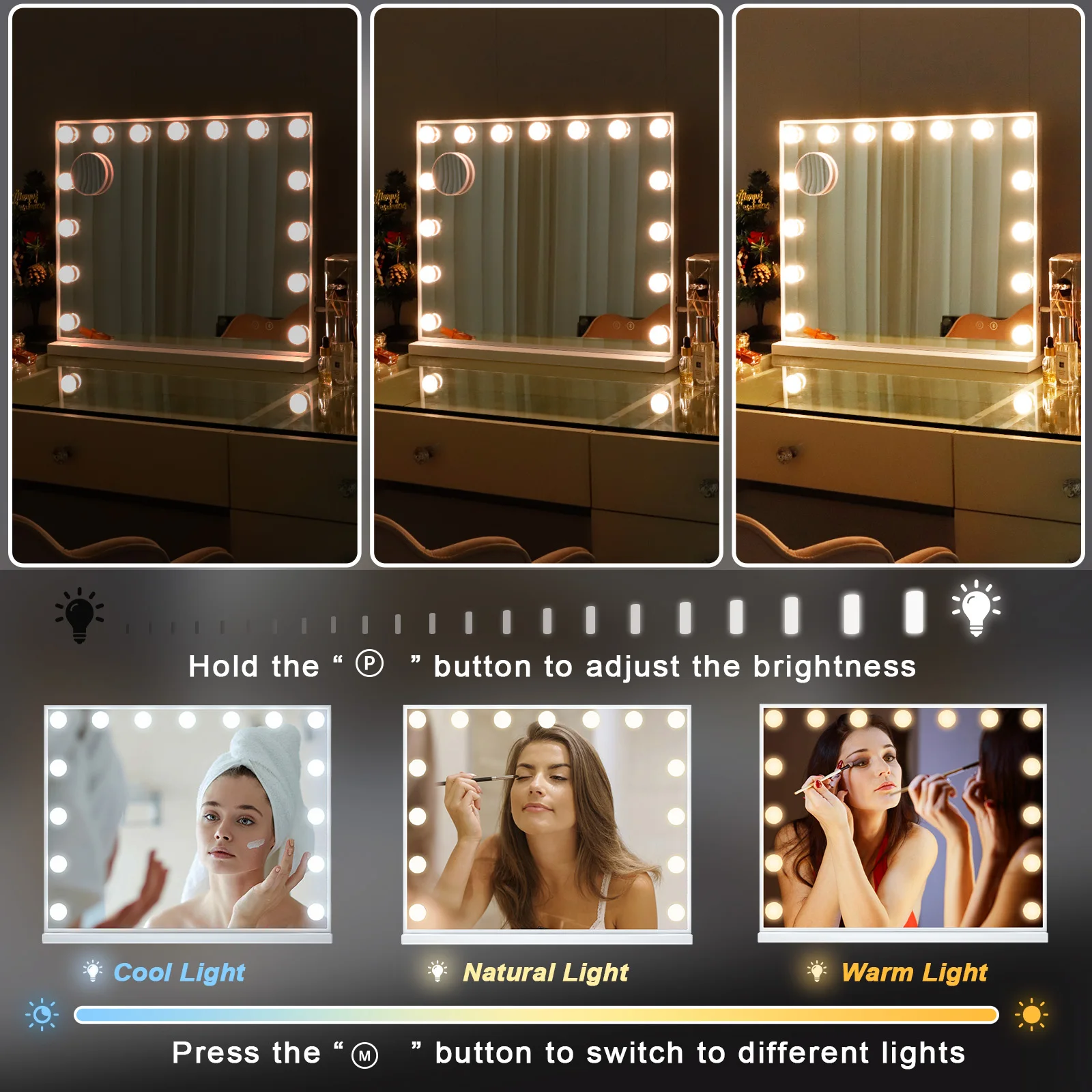 FENCHILIN Vanity Mirror with Lights Hollywood Lighted Makeup Mirror with 15 Dimmable LED Bulbs for Dressing Room Tabletop