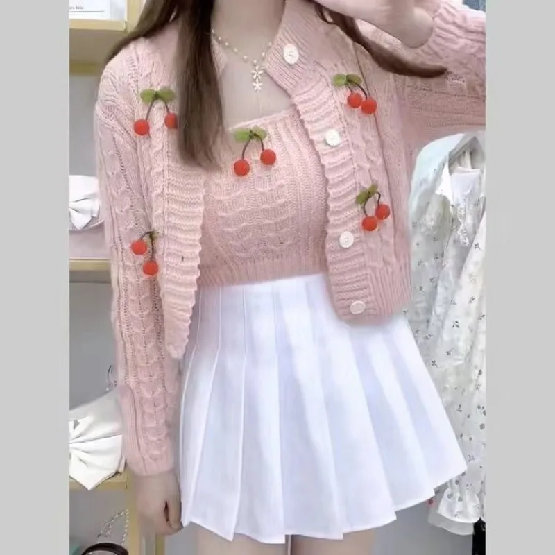 Cardigan Autumn Two Piece Set for Women Sweetheart Short Blossom Knitwear Western Two Piece Set Of Cardigan Sweater Female