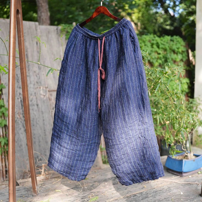 Women's Warm Thick Pants Autumn Winter Wide Leg 2025 Striped Printed Cotton Padded Elastic Waist Linen Trousers Oversize Clothes
