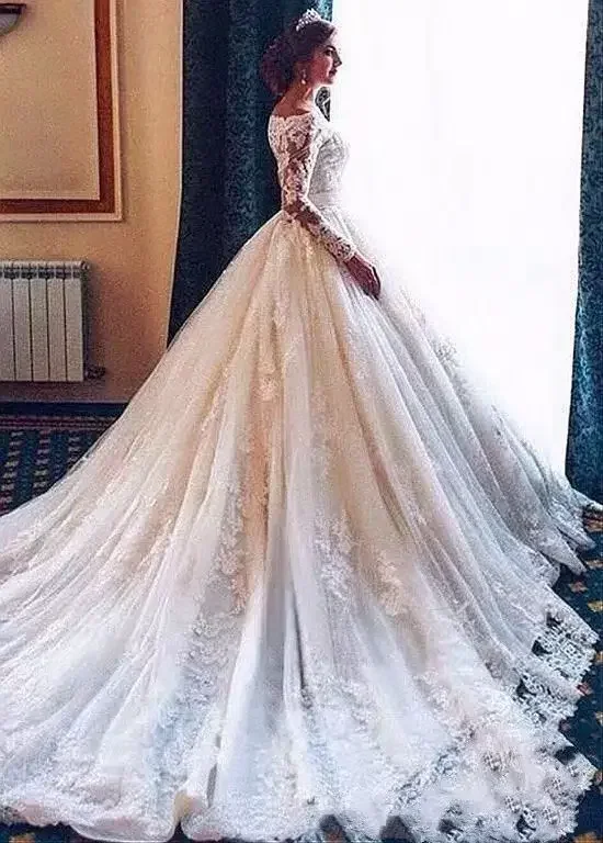 Customized  Crew Neckline Plus Size Ball Gown Cathedral Train Wedding Dress Appliques Lace Long Sleeve Bridal Wedding Gown