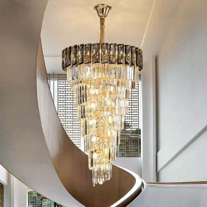 

Golden LED Spiral Crystal Chandelier for Modern Villa Large Duplex Building Hollow Hanging Light Stairs Lamp for Hall