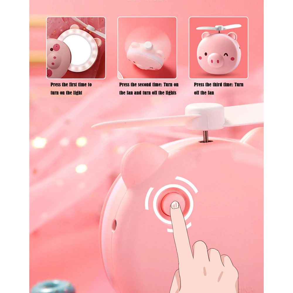 Schattige Piggy Make-Up Spiegel Met Led Licht Handheld Cosmetica Spiegel Met Kleine Fan Meisjes Travle Draagbare Make-Up Spiegel Hd Spiegel