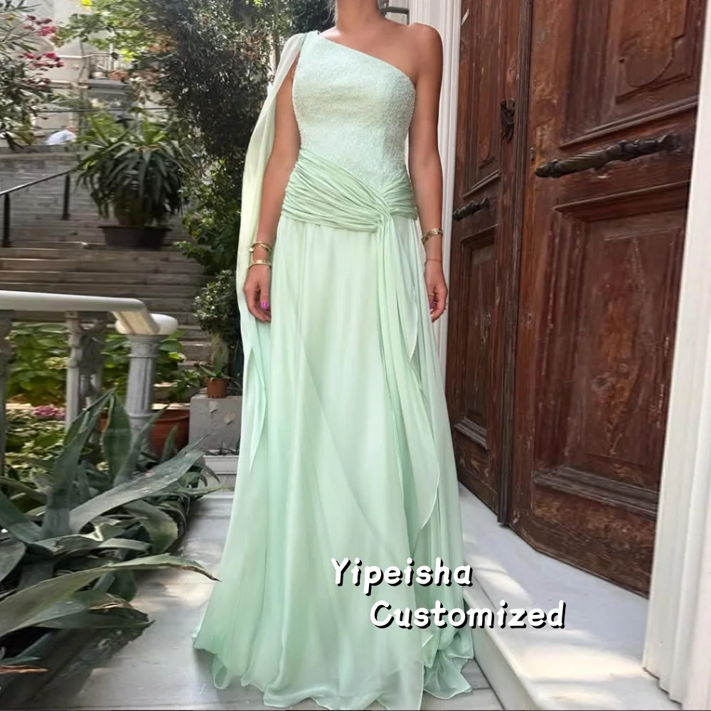 

Customized Elegant One-Shoulder Pleated Long Evening Dresses Women Wedding Elegant Party Dress Sleeveless Prom Gown
