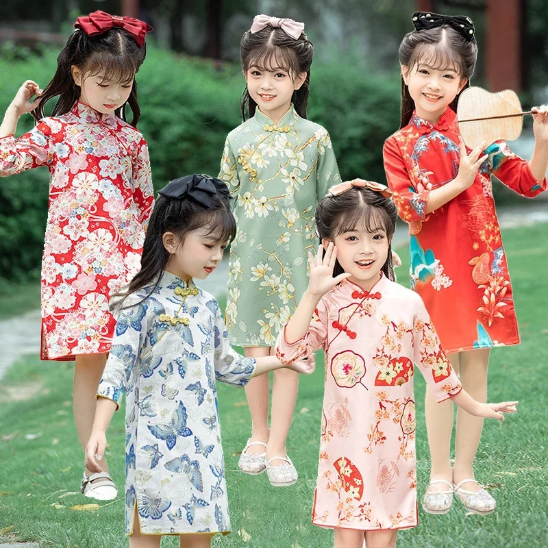 Summer Qipao for Girls New Kids Floral Mini Dress 1-10 Years Teenager Chinese Style Cheongsam Traditional Ethnic Costumes