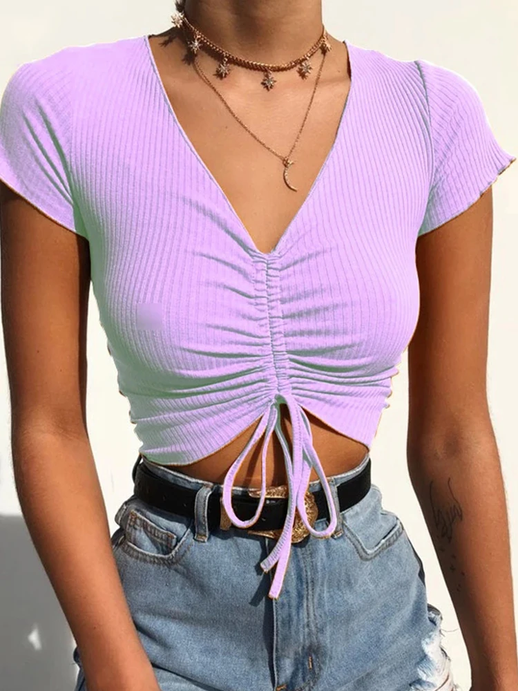 Sexy V Neck Cropped Tank Tops Women Drawstring Tie Up Front Camis Candy Colors Streetwear Slim Fit Ribbed Crop Top 2024