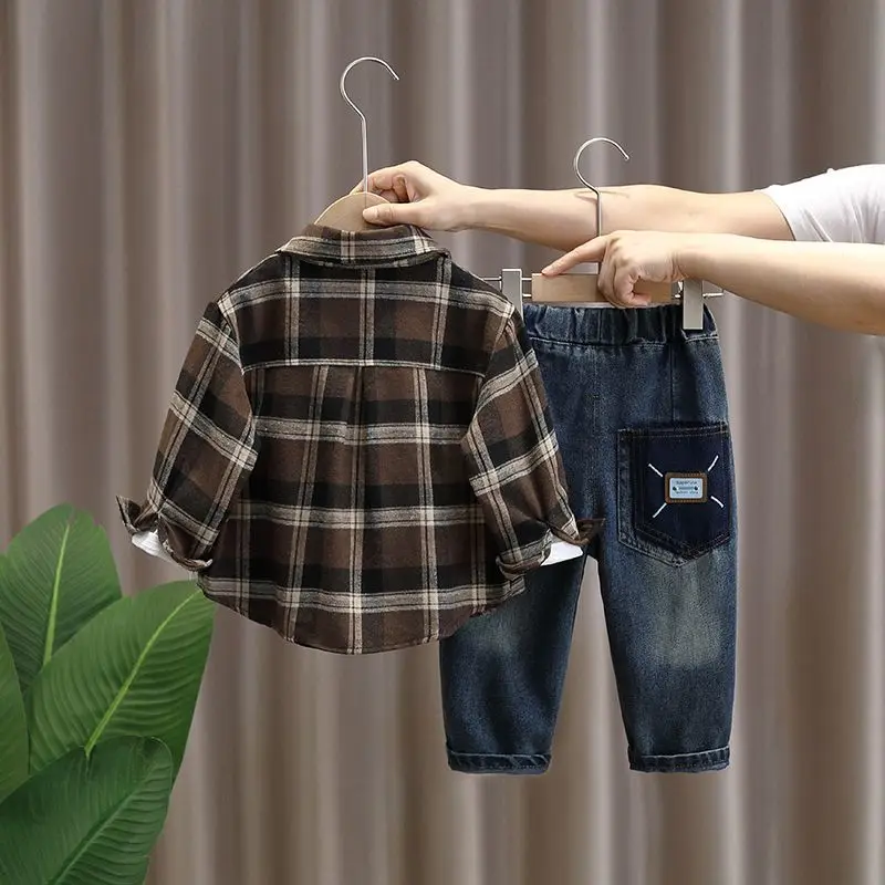 Children's Spring Collection 2026 New style Cool Boys' plaid clothes Spring and autumn shirt Baby two-piece set