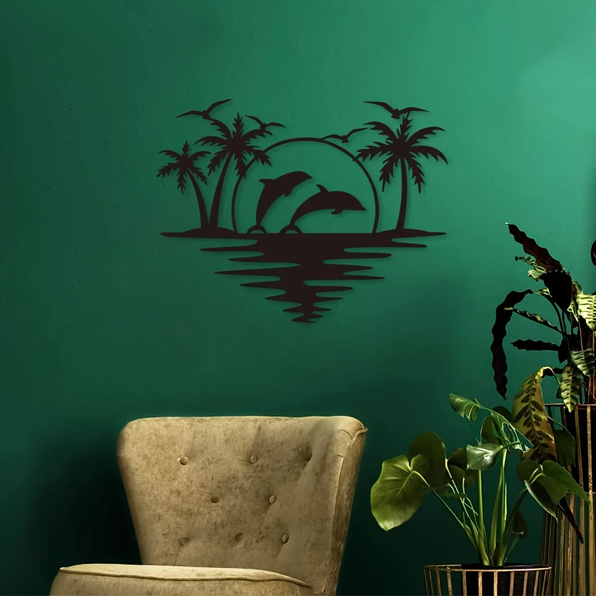 Creative Dolphin Coconut Tree Beach Iron Indoor Outdoor Crafts Decoration, Great for Living Room Bedroom, Hallway,Wall Sticker