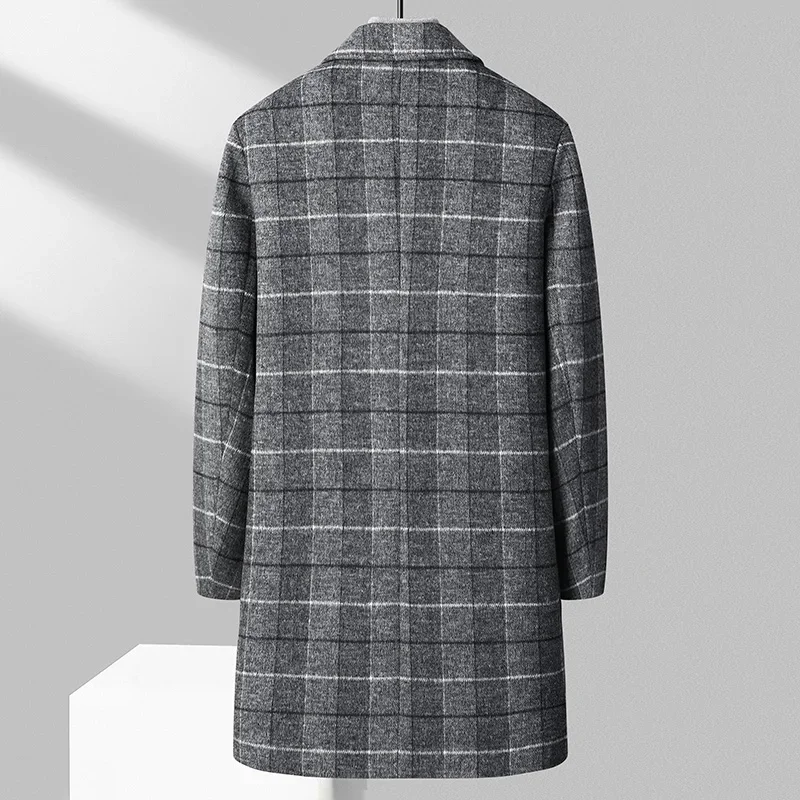 

2023 Autumn Winter Men Classical Plaid Cashmere Tweed Coat Gray Camel Checked Pattern Sheep Woolen Blended Overcoat Male Outfits