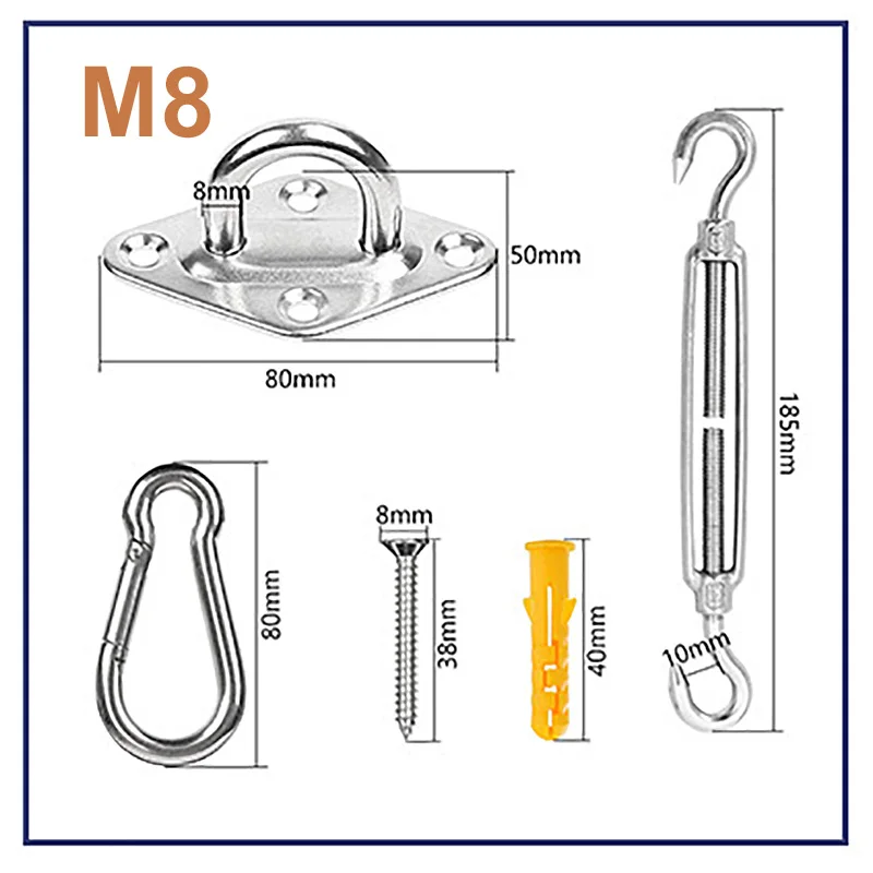 Sun Shade Sail Awning Accessory 304 Stainless Steel Hardware Kit Turnbuckle Pad Eye Carabiner Clip Hook Screws Silver