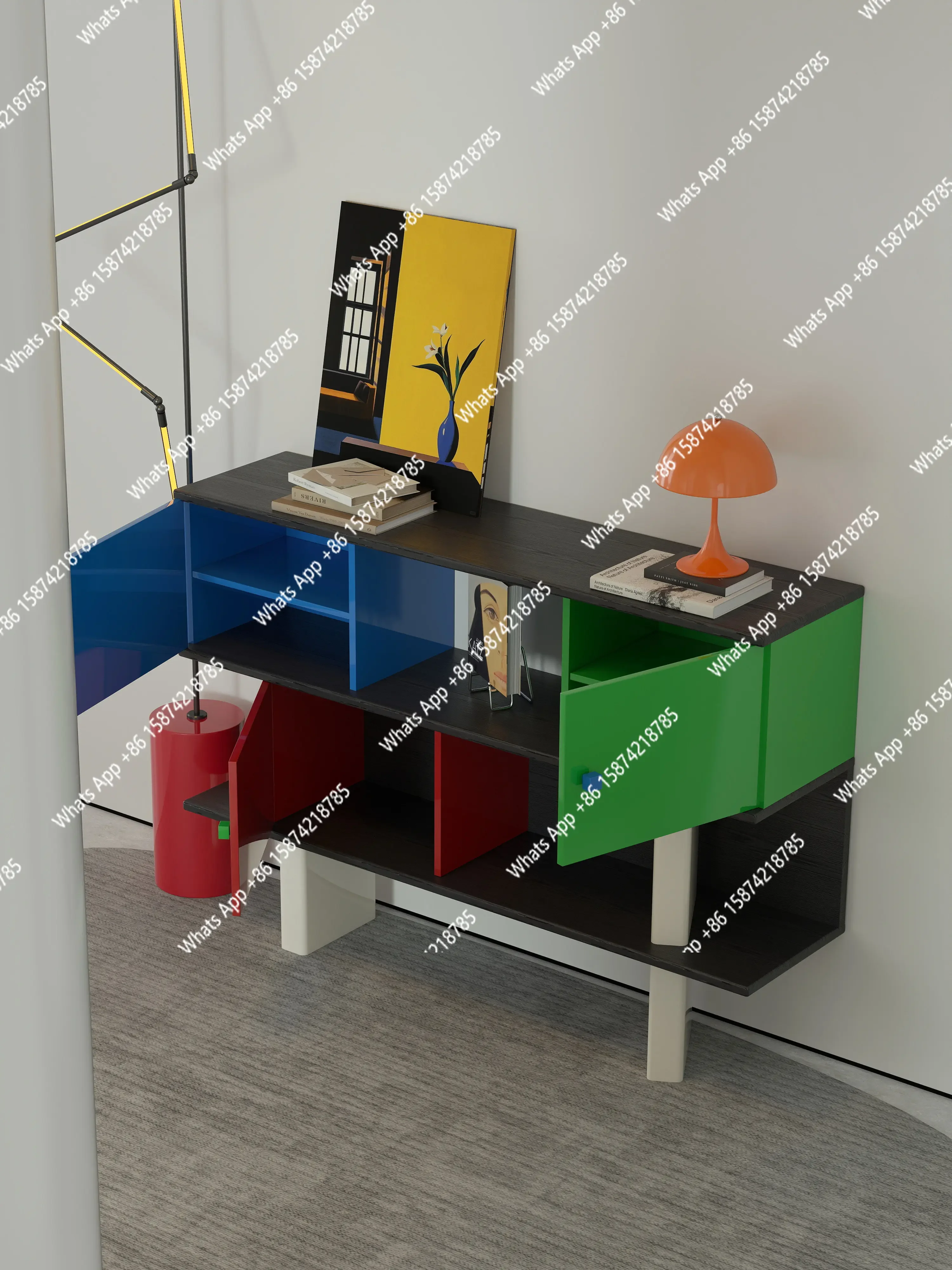 Xx Creative Entrance Display Cabinet, Sofa Side Cabinet, Shelf, Solid Wood Bookcase, Retro Creative Grid