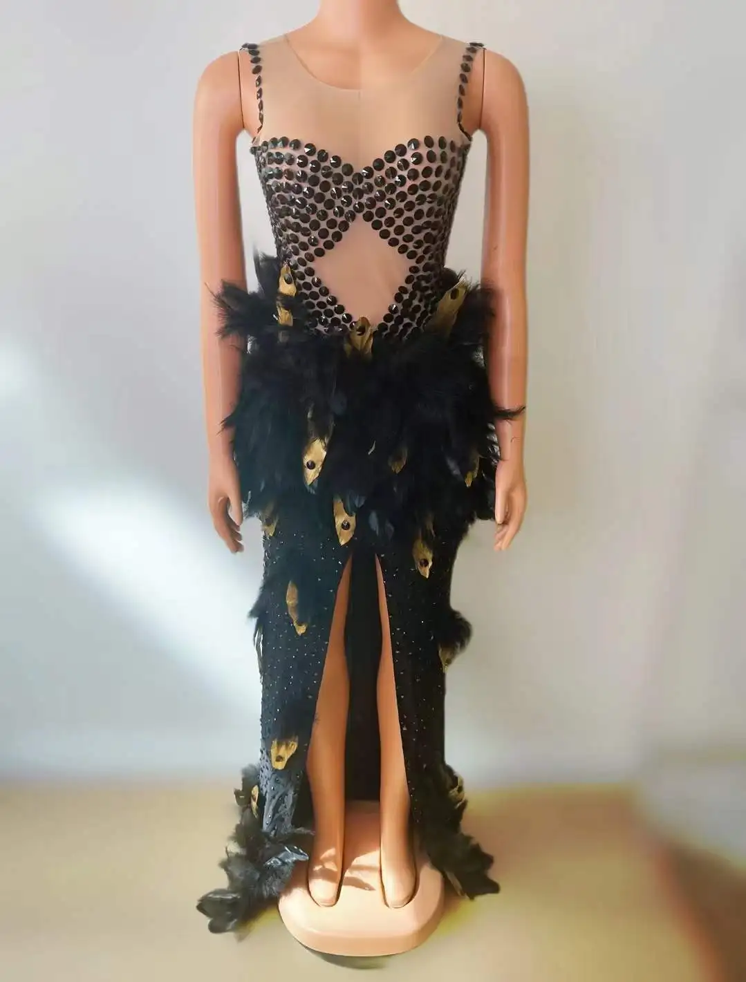 

Women Black Feather See Thru Mesh Dress Celebrate Carnival Pageant Las Vegas Show Stage Wear Clubwear Dressy