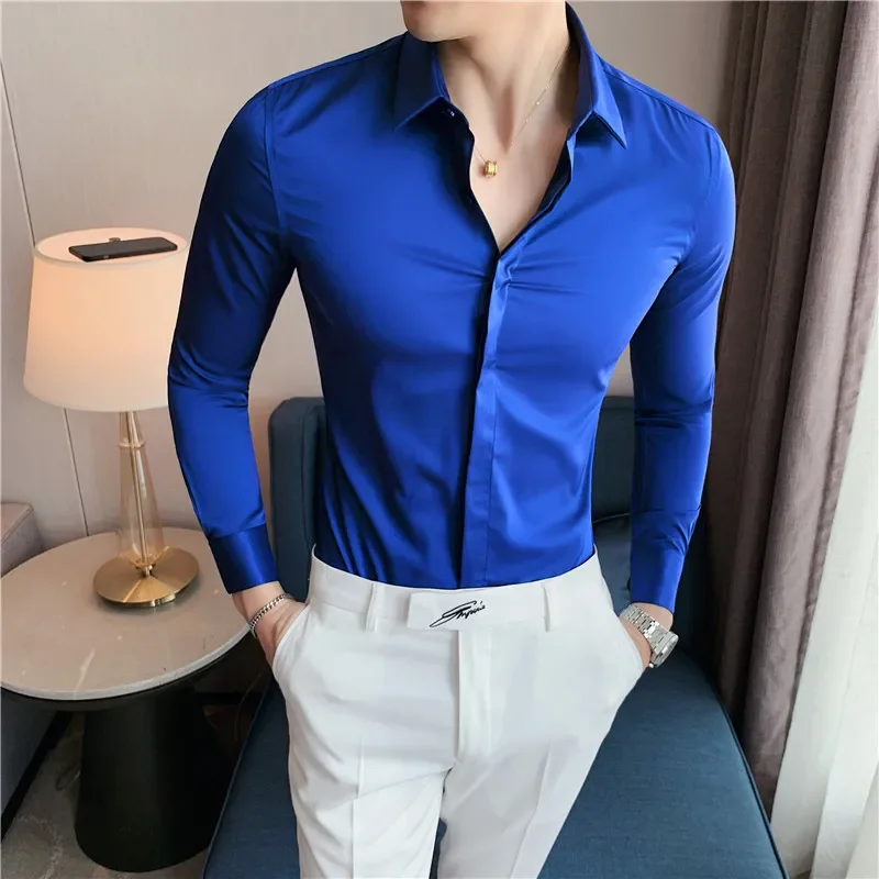 8 Colors High Quality  Men Dress Shirt 2023 Autumn Long Sleeve Solid Concealed Placket Shirts Men Business Slim Fit Social Shirt