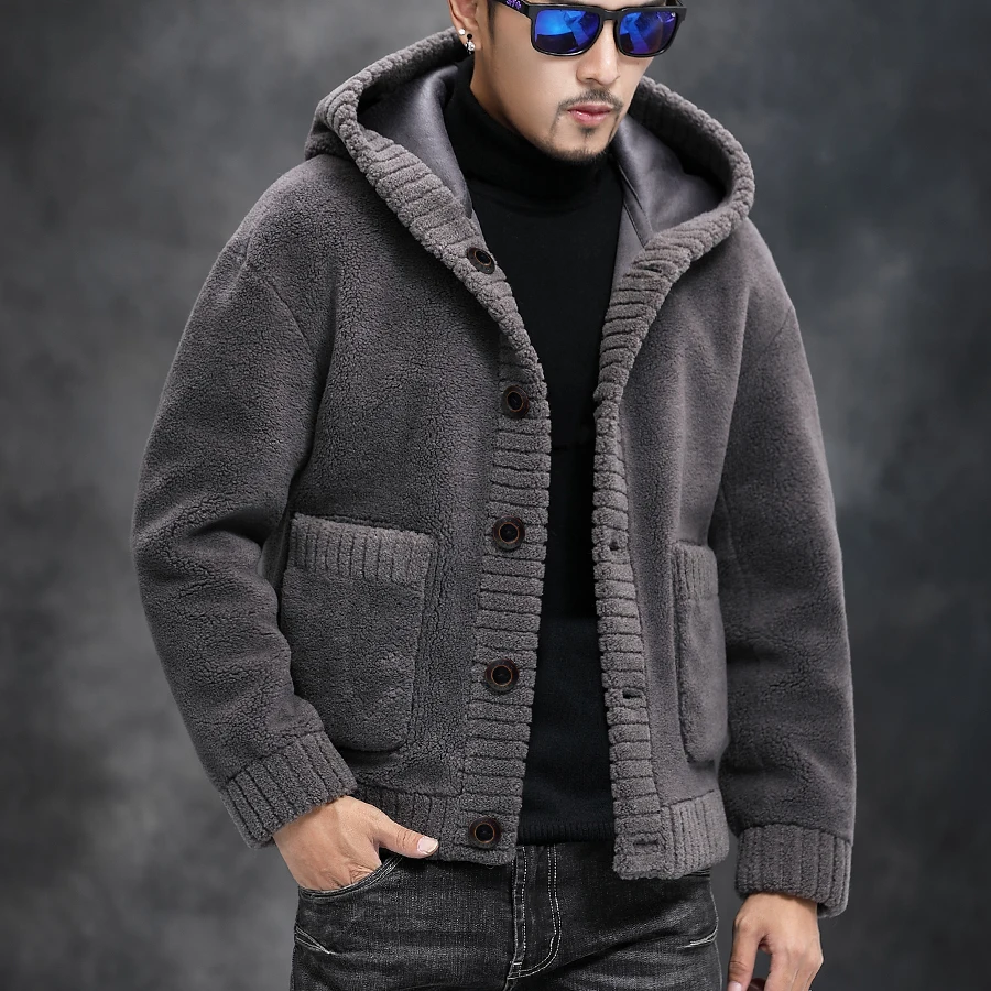 

Reversible Hooded Men's Faux Fur Leather jacket Autumn Winter Jacket Solid Color