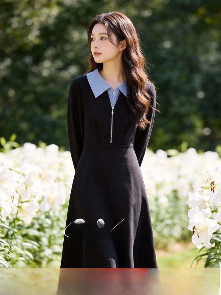 

Spring Season Midi Length Dress with Fake Two-Piece Design Commute Style Women's plus Size Dress with Stand Collar And Waist ...