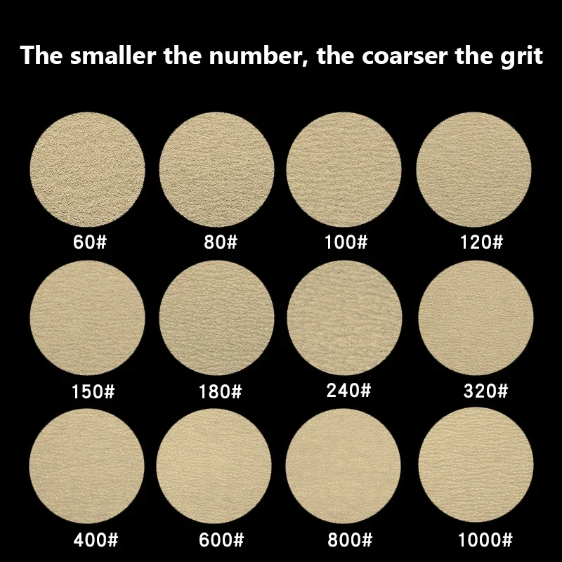 Discos de lixa de areia flocados amarelos, 5 polegadas (125mm), 60-800 grãos, papel de areia redondo autoadesivo para polimento de ferramentas abrasivas