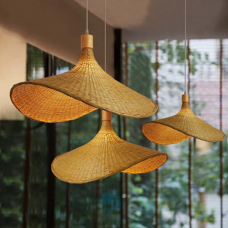 Classical Hand Make Bamboo Chandeliers Home Decor LED Hanging Pendant Light Vintage Rattan Living Dining Room Suspension Lustres