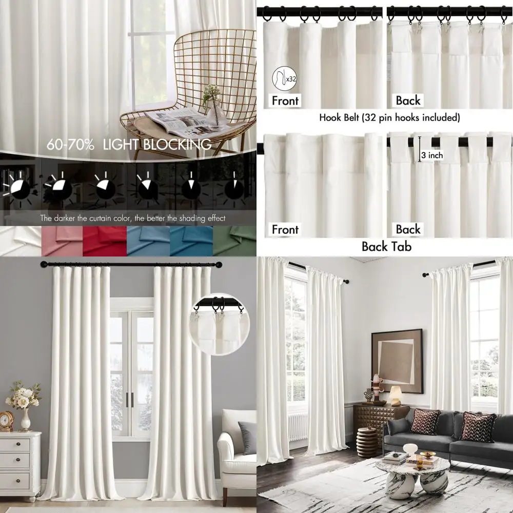 

Cream Pinch Pleat Thermal Insulated 90 Curtains with Hooks, Luxury Blackout Drapes for Living Room & Bedroom
