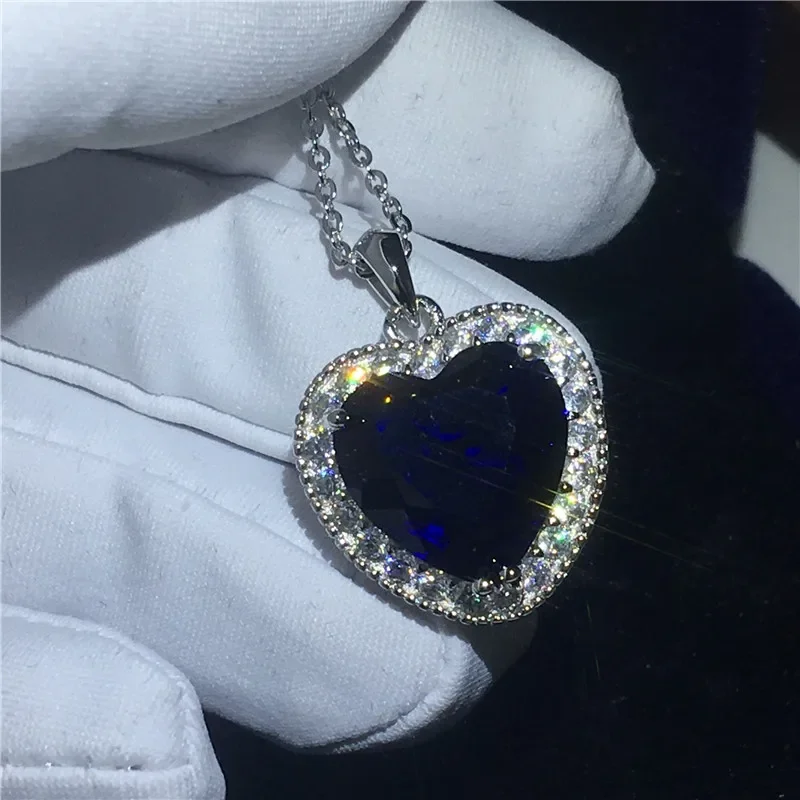 

Really 925 Sterling Silver Necklace Big 6ct Heart of the ocean Blue Sapphire Wedding Pendant Necklace for Women Jewelry gift