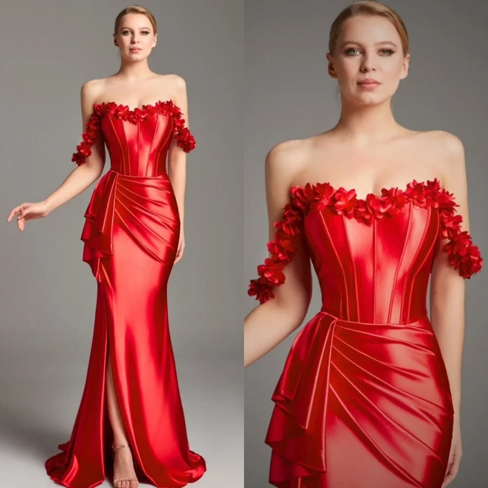 

Customized Mermaid Luxury Red Satin Evening Dresses Fashion Off the Shoulder Homecoming Dresses Modern Special Occasion Gowns