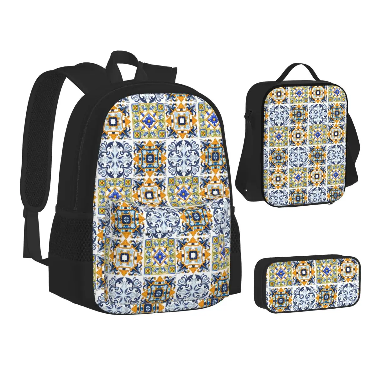 Copy Of Sicilian Tiles,mediterranean,mosaic,ornamental Backpacks Bookbag School Bags Rucksack Lunch Bag Pen Bag Three-Piece Set
