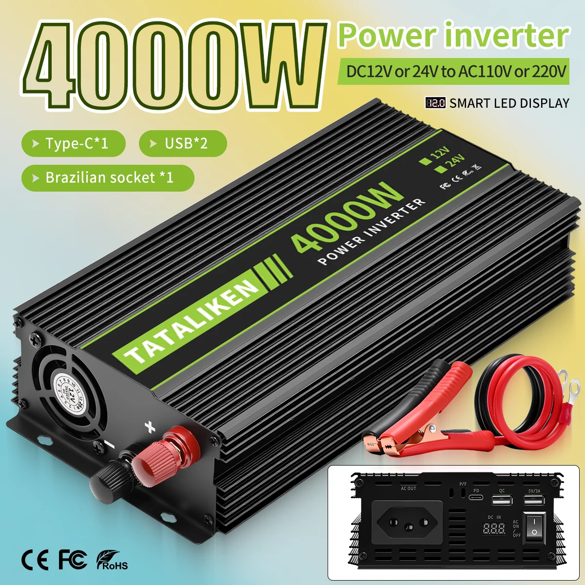 Modified wave inverter 4000W BR socket with Type-C automotive converter with liquid crystal display