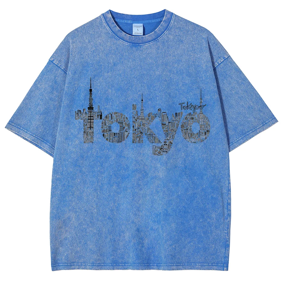 Tokyo Monogram Print Women's T-Shirt Washed Denim Oversized Unisex Half Sleeve Fashion Design Teen Student Top Street Cool Tees