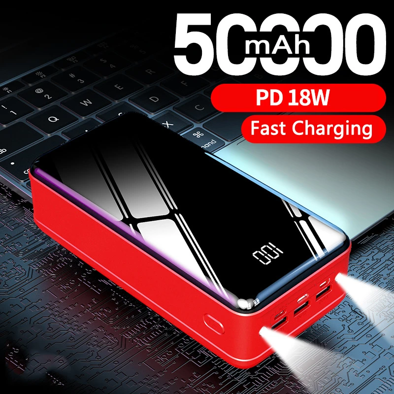 

50000mAh Power Bank 3 USB Port PD 18W Fast Charging Powerbank for iPhone Samsung S23 Xiaomi External Battery Charger Poverbank