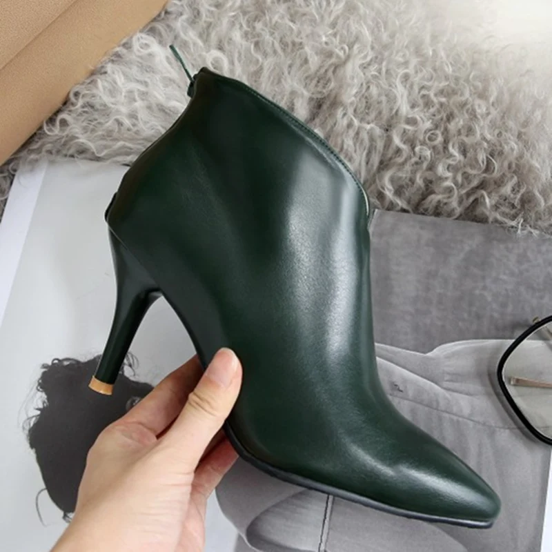 Autumn Spring Green Women\'s Ankle Boots Thin Heel Pointed toe Elegant Short Boot Women Shoes Large Size Beige Classic Party Shoe