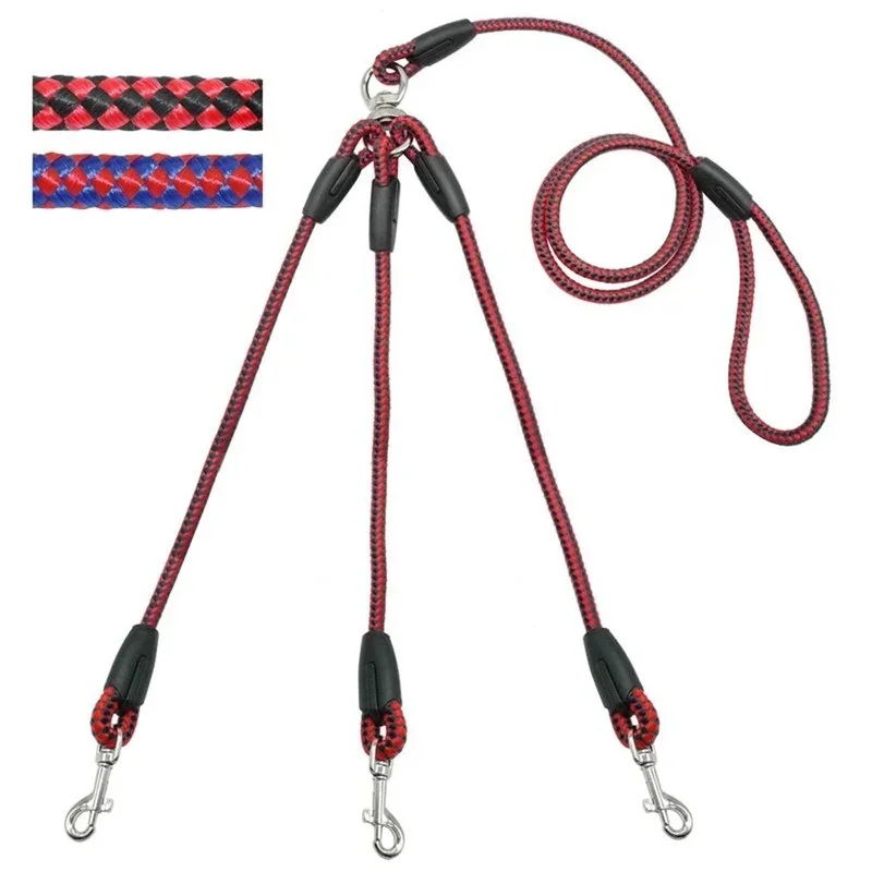 Adjustable Nylon 3 Way No-Tangle Triple Couple Pet Dog Walking Leash Lead with Padded Soft Handle Breakaway 3 Heads Lead Leash