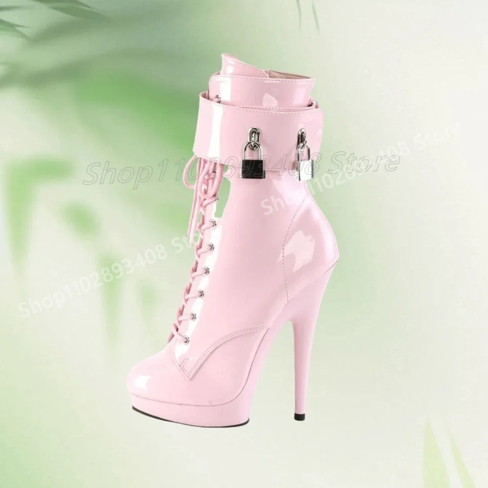 

Sweet Pink Shiny Side Locks Decor Ankle Boots Front Lace-up Sexy Stiletto High Heel Women Shoes 2025 Summer Zapatos Para Mujere