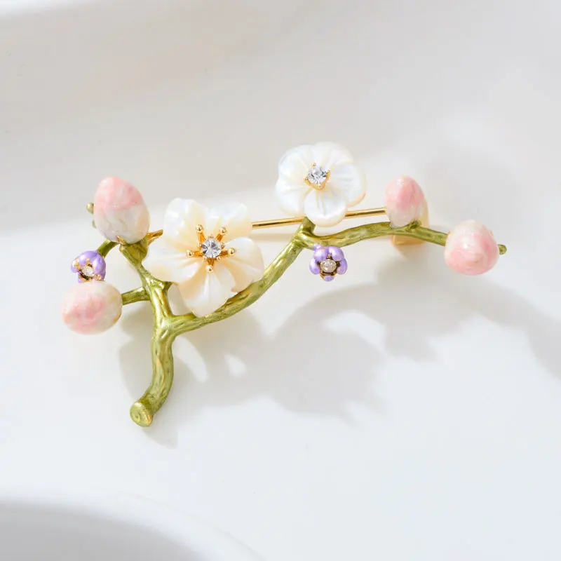 Chinese Style Natural Mother Of Pearl Plum Blossom Branch Enamel Brooch Gold Plated Copper Lucky Fortune Jewelry Gift For Women